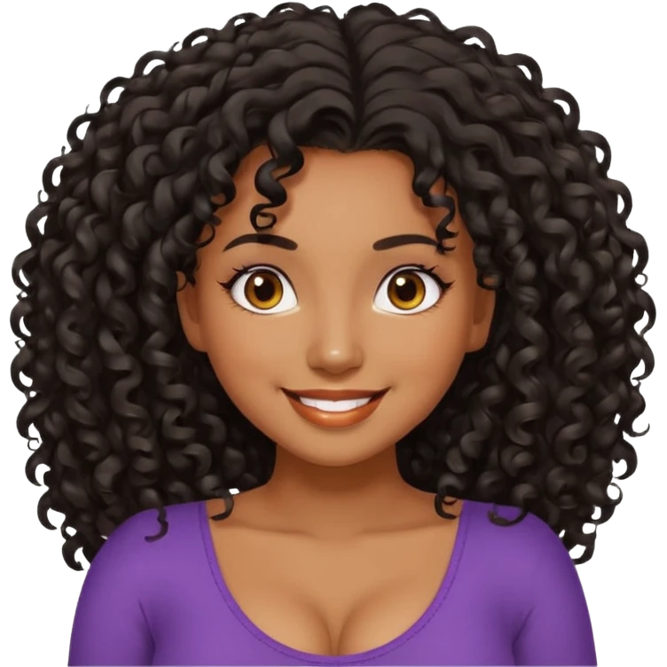 brown skinned lady with curly black hair, shoulder long hair, messy, nice curves, busty emoji