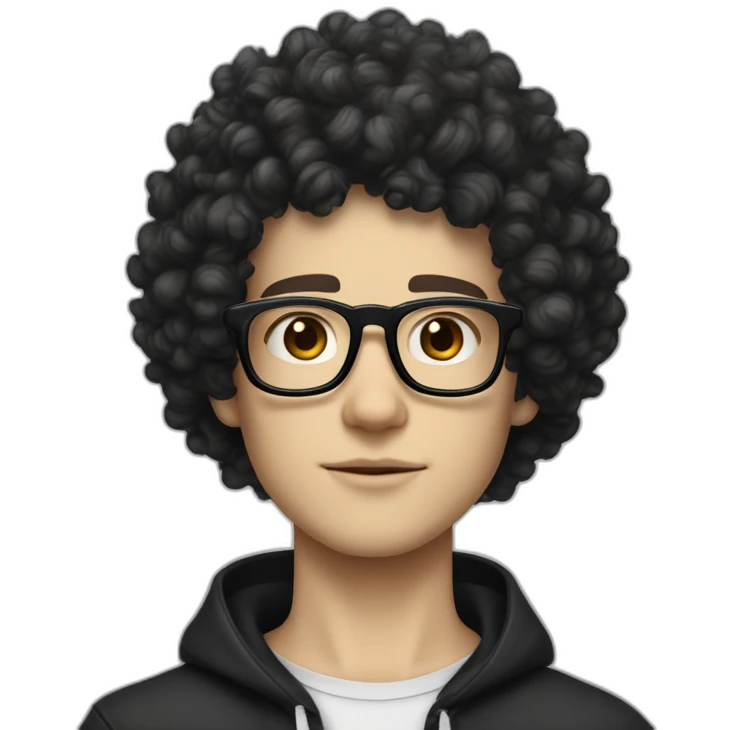 white boy white skin and squared jawline with back colored afro curly black hair and squared glasses and tattoo of black lightning on the neck emoji