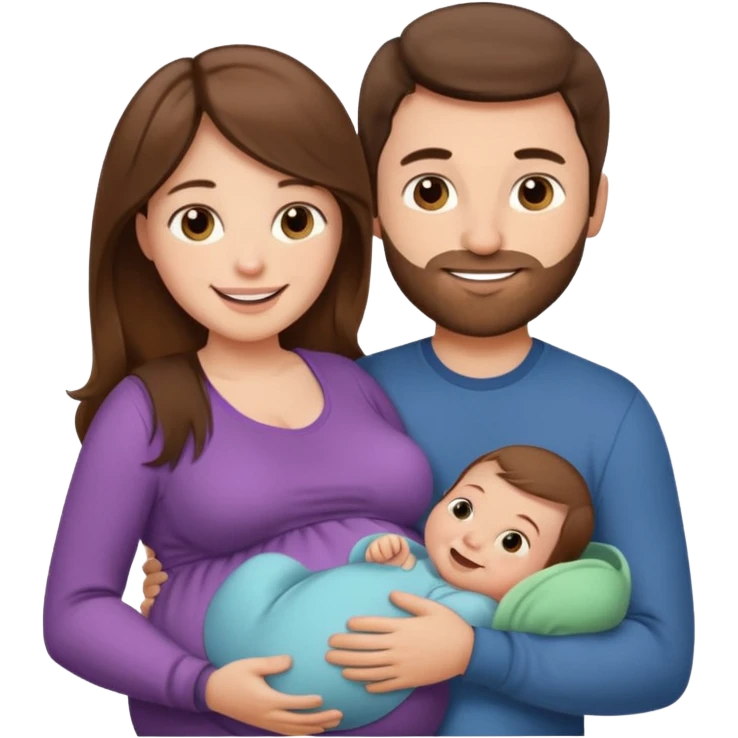"Pregnant woman with long brown hair and fair skin and man with short brown hair and fair skin (without a mustache) holding one baby  smiling."
 emoji
