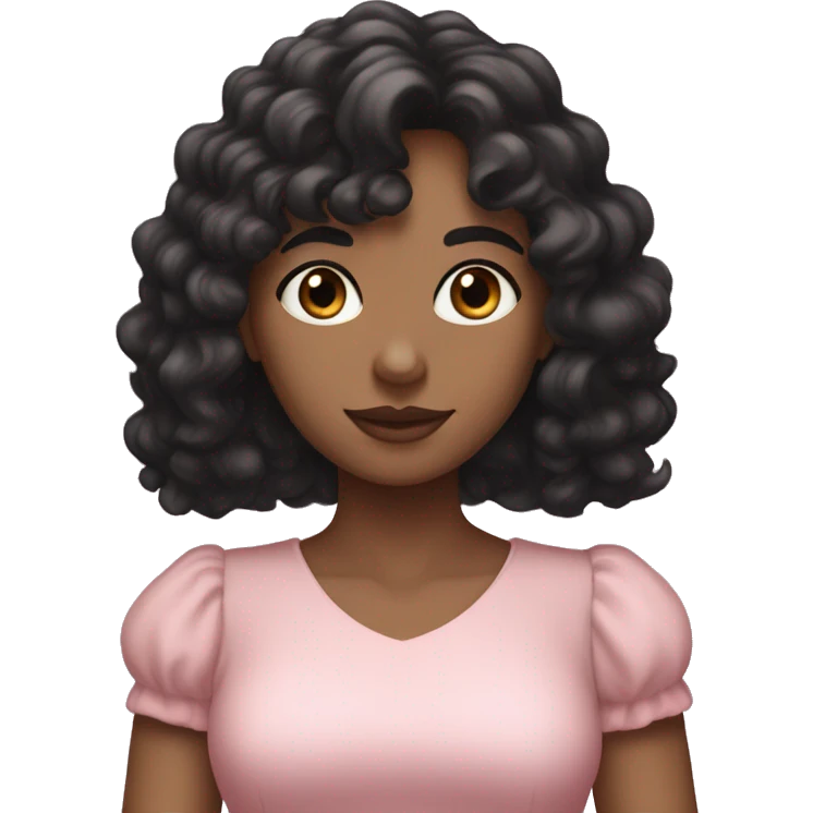 White woman with long black curly hair and bangs and dark brown eyes, wearing a pastel pink dress emoji