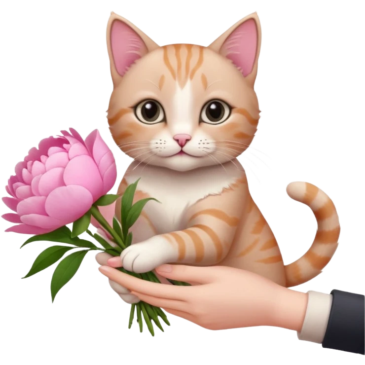 Cute cat Handing pink peonies like reaching a hand and handing them out a bouquet of them with a couquette emoji