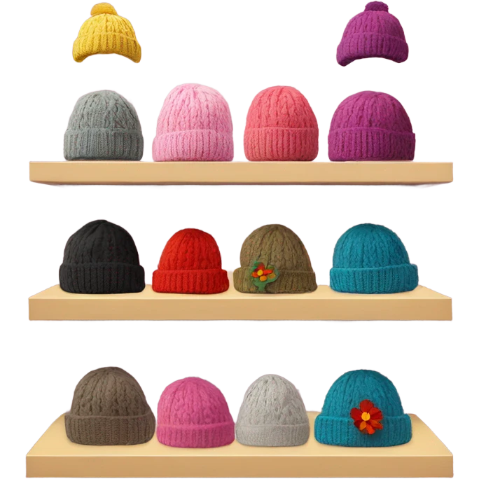 Shelf with knitted hats on mannequins and a flower emoji