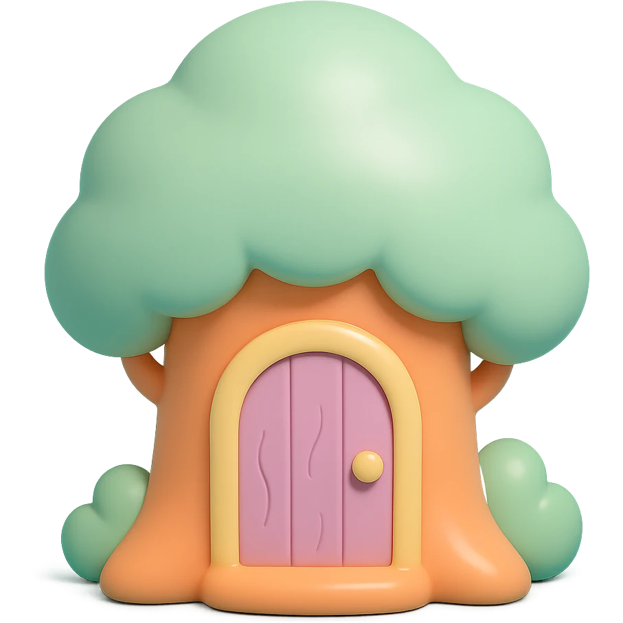 wooden door embedded in a tree, secret forest hideout vibe, vinyl figure style emoji