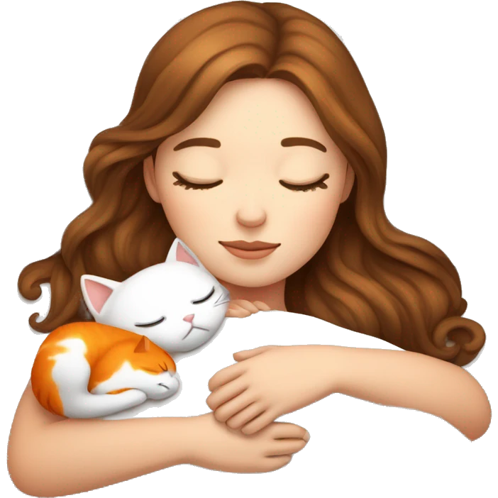 White girl brown hair sleeping with orange kitty emoji