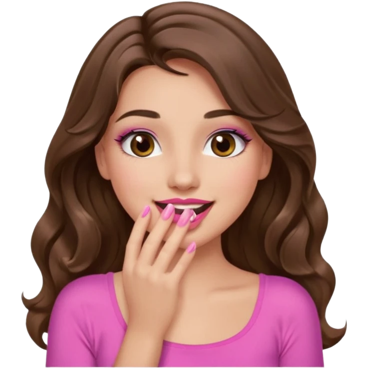 girl with long wavy brown hair, brown eyes, long lashes makeup, pink lips, light to medium complexion, pink sexy top, smiling, hand covering the mouth, giggling emoji