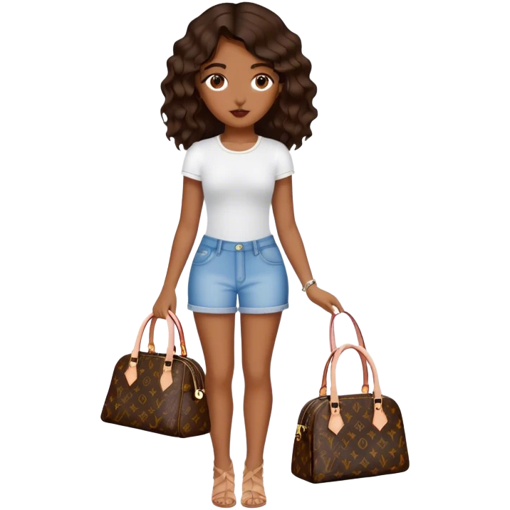  Brown girl with dark brown medium beach wavy hair carrying one Louis Vuitton purse on her arm while standing  emoji
