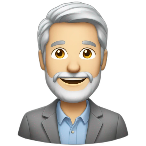 grey haired man, in grey casual suit, grey beard. smiling hard emoji