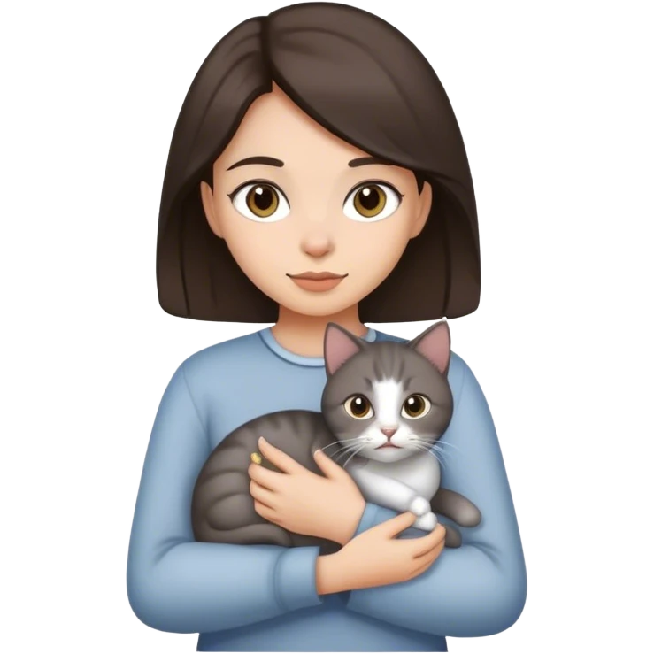Dark Brown hair girl holding a grey cat emoji