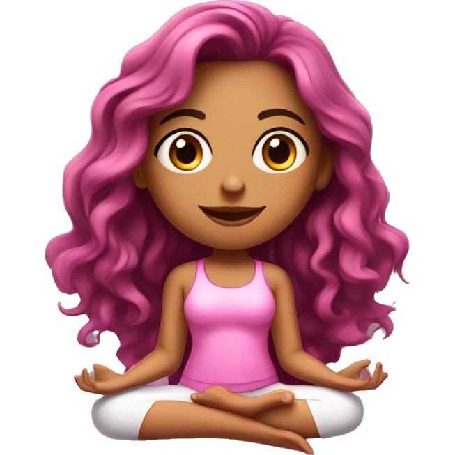 Realistic Hispanic girl with long wavy hair and makeup  wearing pink doing yoga sitting on yoga mat  emoji