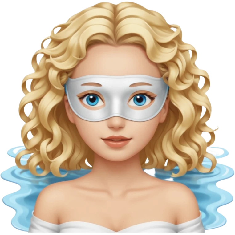 White girl- ocean blue eyes - beauty face mask massage -full care- blonde long curly hair  white off shoulder shirt emoji