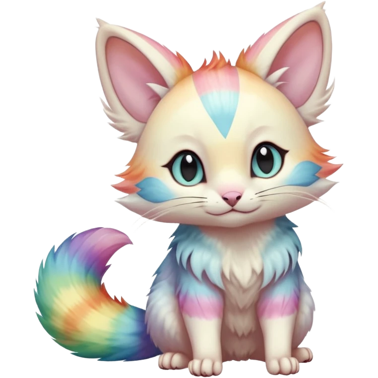  cute adorable pastel-iridescence-gradients albino fur with random colorful iridescent rainbow markings beautiful elegant pretty precious cute  Fakémon-Pokémon-opossum-feline-serval-caracal-chinchilla-Minccino-hybrid-creature with a big fluffy bushy striped tail (full body) emoji