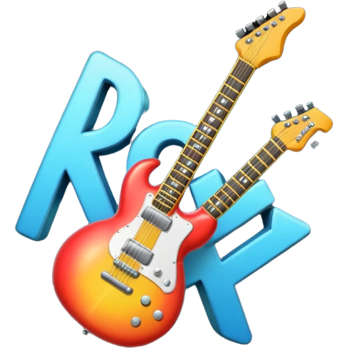 A 3D Apple-style emoji showing the word "ROCK" in bold metallic letters, with a small electric guitar leaning on the text, vibrant glowing effect, playful and energetic cartoon style, symbolizing rock music. emoji