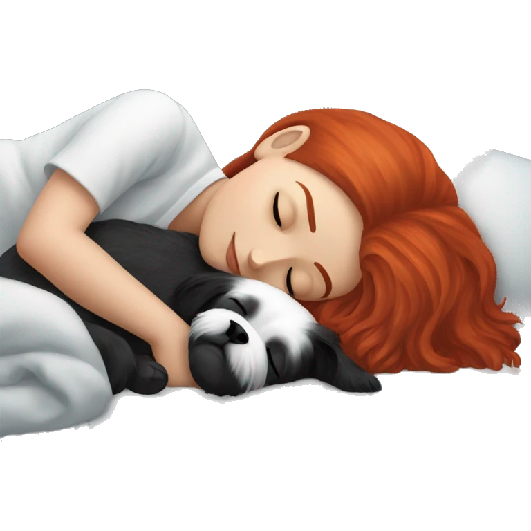 Red hair girl sleep with her maltese black dog emoji
