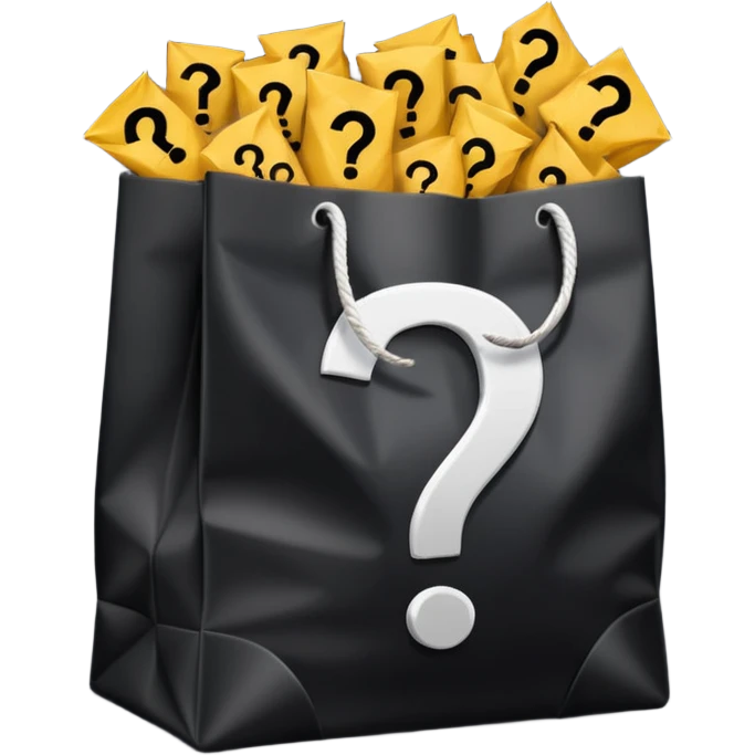 black goodiebag with questions mark boxes stuffed in it emoji