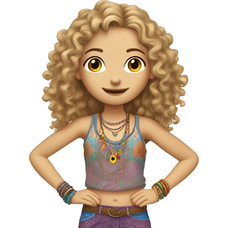Caucasian hippie girl with curly dirty blonde hair, hazel eyes, baggy colorful pants and a tank top, lots of bohemian bracelets and jewelry emoji