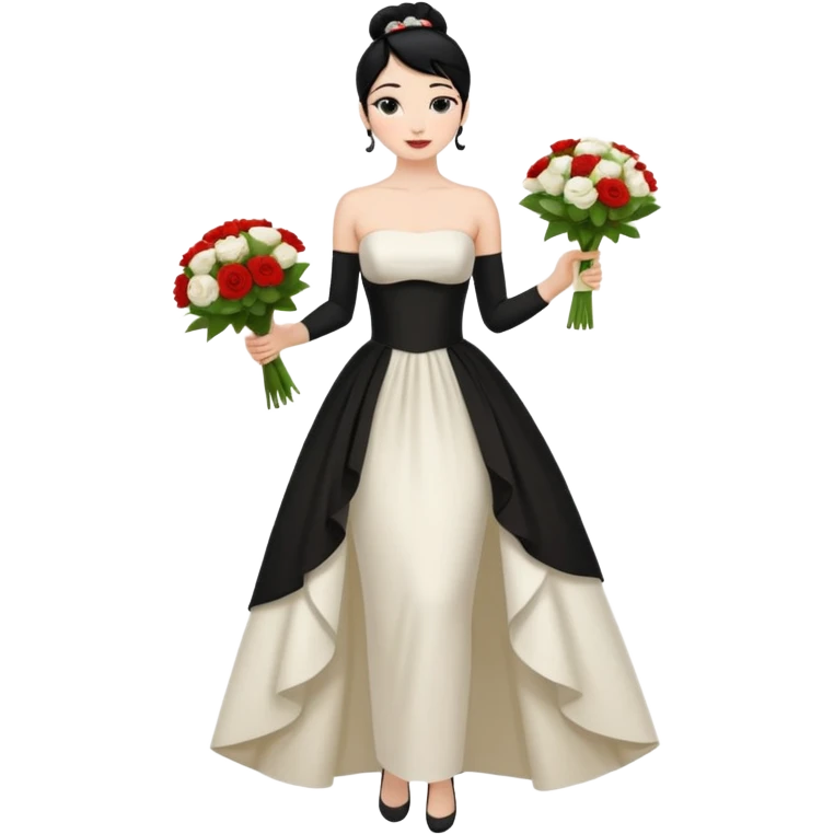 Chica blanca,cuerpo entero, vestido boda asimétrico estrecho tirantes , pelo negro,    ramo de flores una mano, pelo recogido en moño alto emoji