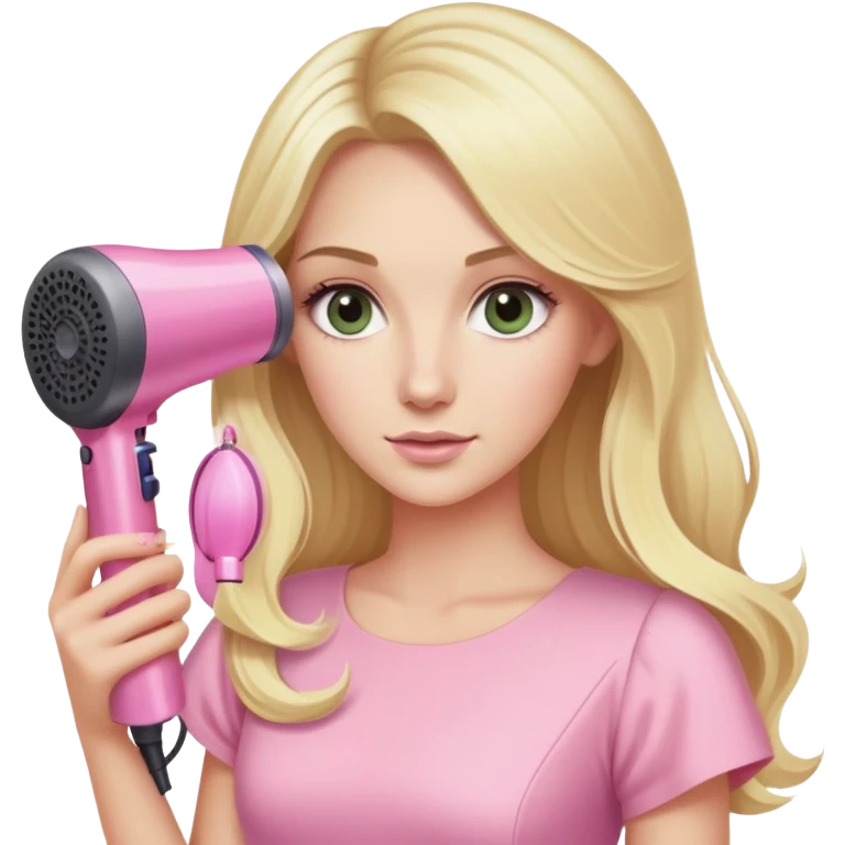 blonde with long hair, swamp eyes, pink pastel dress, holding pink Dyson hair dryer emoji