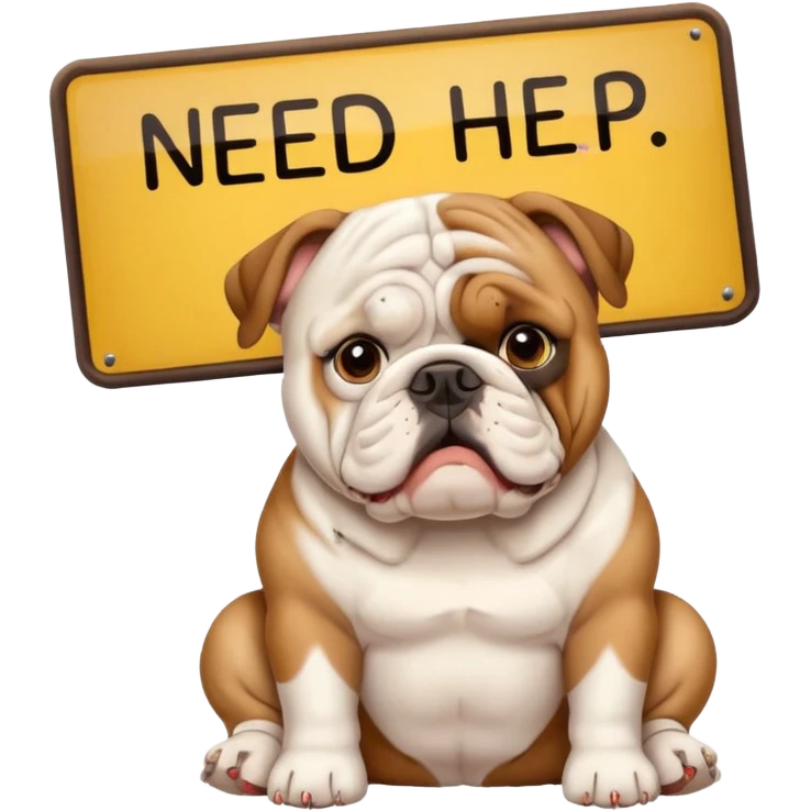 cute English bulldog sitting beside a 'need help' sign, emoji style emoji