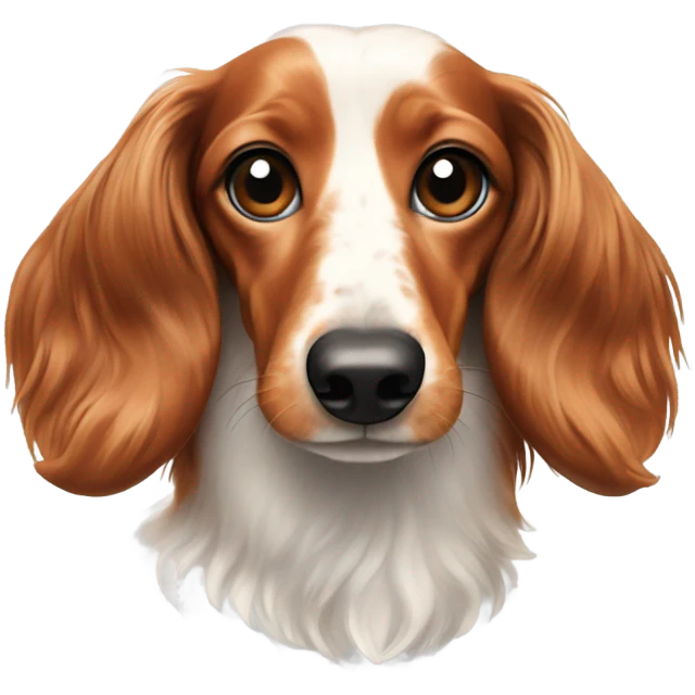 A long-haired marble dachshund stands red-haired emoji