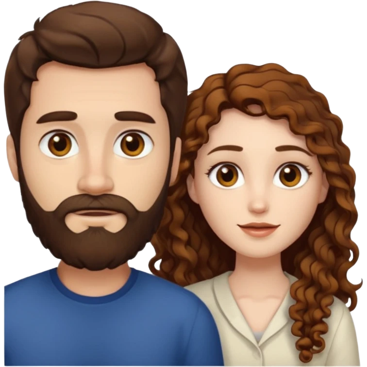 Criar Casal - Homem branco de cabelo liso e olhos marrom, com barba e mulher de pele branca cabelo cacheado marrom longo e olhos mel emoji