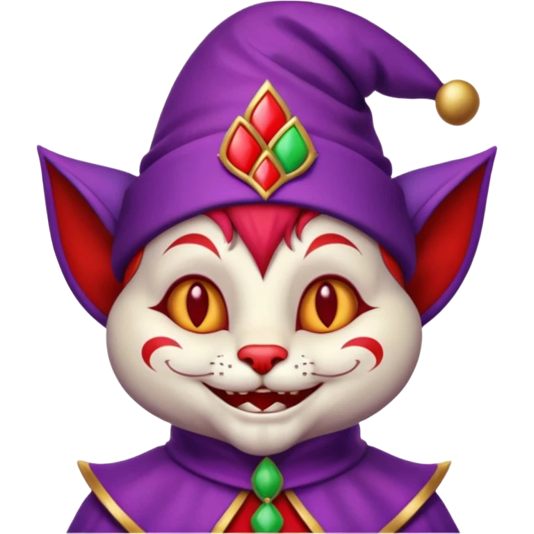 crazy colorful cute little cat jolly joker from poker, medieval, vintage, court jester, mac os icon, purple and red color, half body emoji