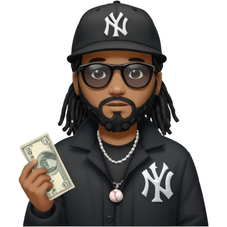 African American man with shoulder length black dreadlocks with black beard wearing black sunglasses wearing a black New York Yankees logo baseball Cap wearing a black bubble winter coat give away money emoji