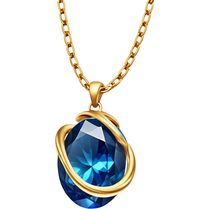 gold chain floating in midair with a glowing deep blue stone, swirling veins, shimmering like liquid gold, magical aura emoji