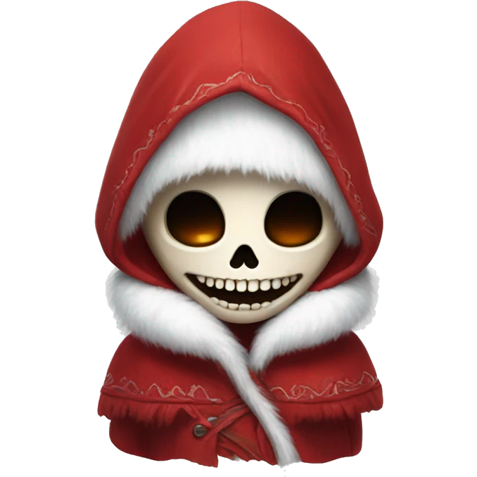 Cute, happy little skull wearing a red velvet hood with fluffy white fur trim. emoji