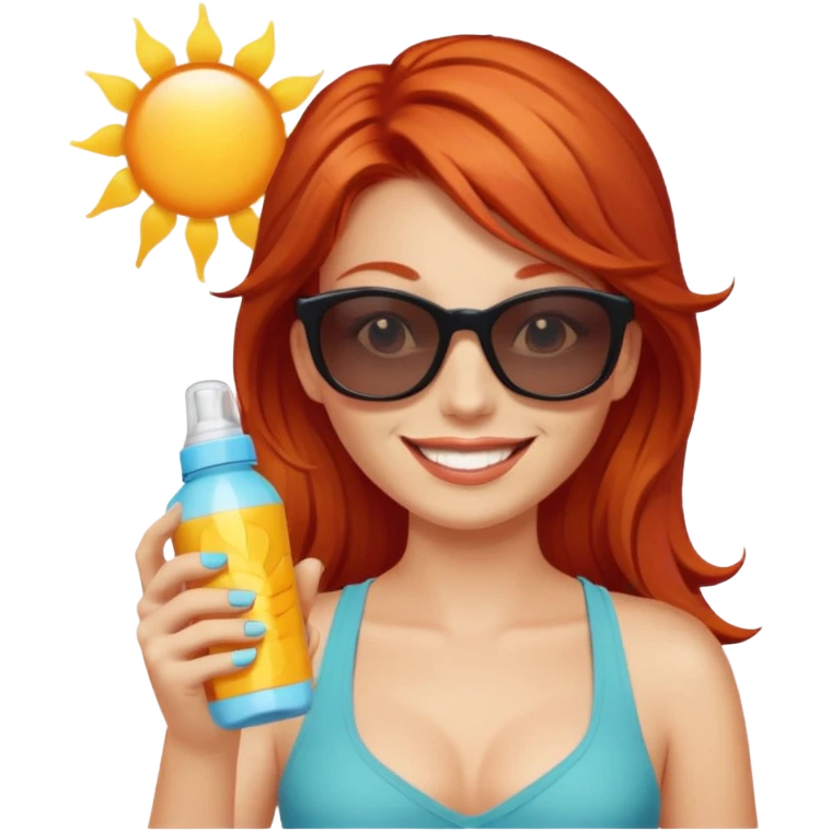 female red haired with suncream bottle and sunglasses, with sun burned emoji