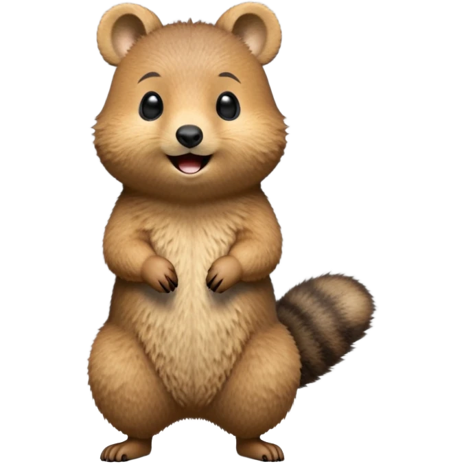 cinematic-quokka-realistic-full-body-standing on its hind legs hunched over-emoji,-small-round-frame-balanced-on-tiny-strong-hind-legs,giant fluffy cheeks large smile-fluffy-brown-fur-radiating-a-warm-softness skinny tail, ,-big-round-eyes-filled-with-joy-and-innocence,-tiny-clawed-paws-held-close-to-chest,-cheerful-smile-exuding-endearing-happiness,-simplified-yet-realistic-focused-features,-highly-detailed,-glowing-with-a-sunny-warmth, expressive eyes  emoji