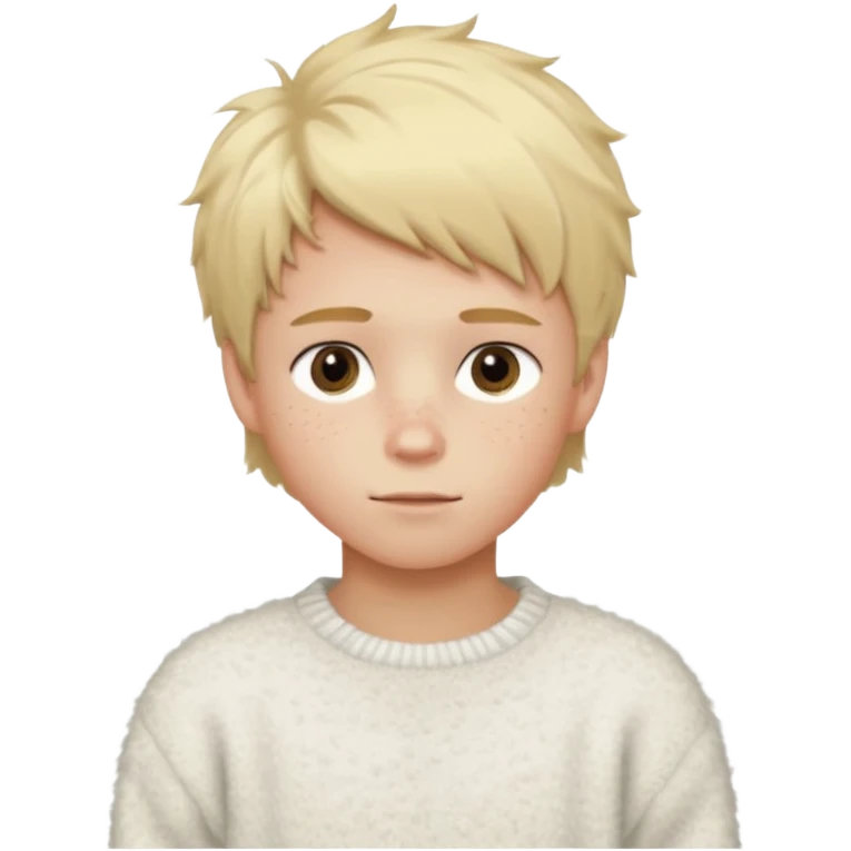 create-a-look-for-a-blond-boy-with-long-tousled-hair-light-eyes-a-white-sweat + fluffy white sweater + styled hair blonde with hair to the side cute + cute face with freckles  medium hair fluffy to the side no long hair cute hair blonded no messy emoji