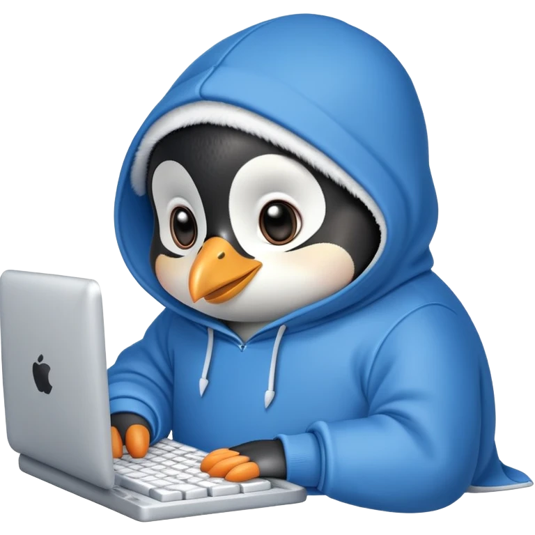 A cute penguin wearing a cozy hoodie typing on a computer keyboard emoji