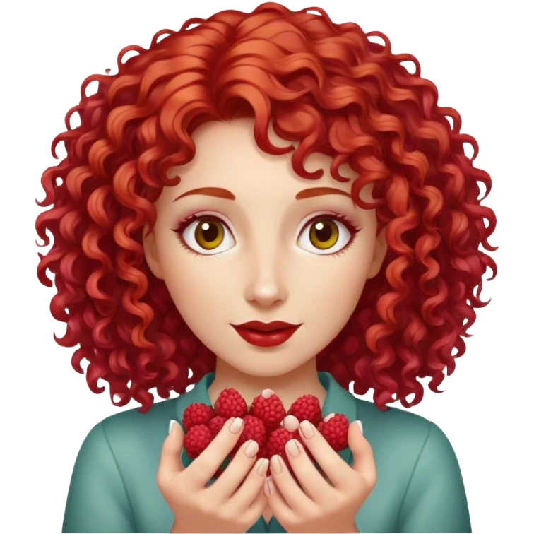 red-haired curly-haired woman holding raspberries in her hands emoji