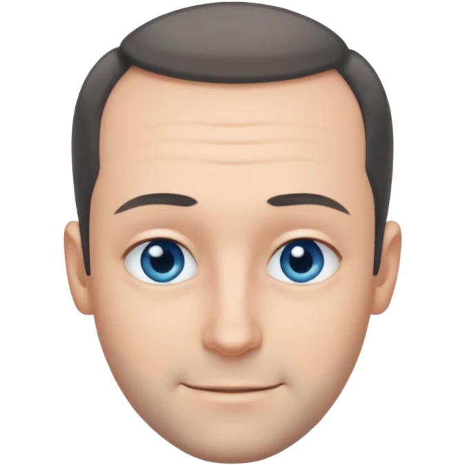 Man with black-greyish receding hairline, some hair on top, small blue eyes, clear face, shy smile emoji