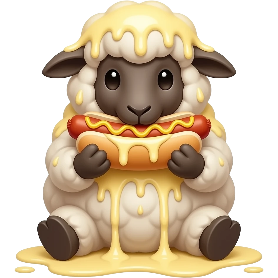 sheep plush on its knees eating a hotdog in its mouth with covered in lots of sticky wet mayo splashing emoji