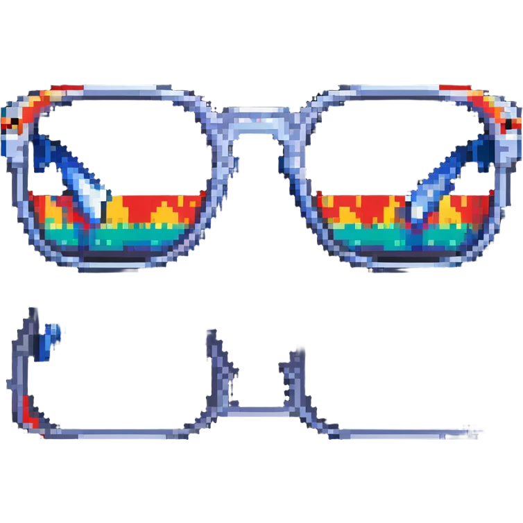 Y2K style pixelated sunglasses with reflective lenses, chrome frames, digital millennium aesthetic emoji