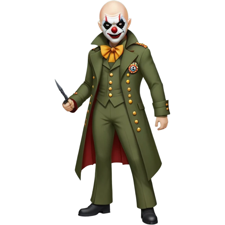 evil clown, bald, small black horns on forehead, fangs, pointed ears, eye patch over one eye, long coat over black and military green leisure suit with bellbottom pants, tail, realistically proportioned, less bulky, full body, battle-ready, fighting posture emoji