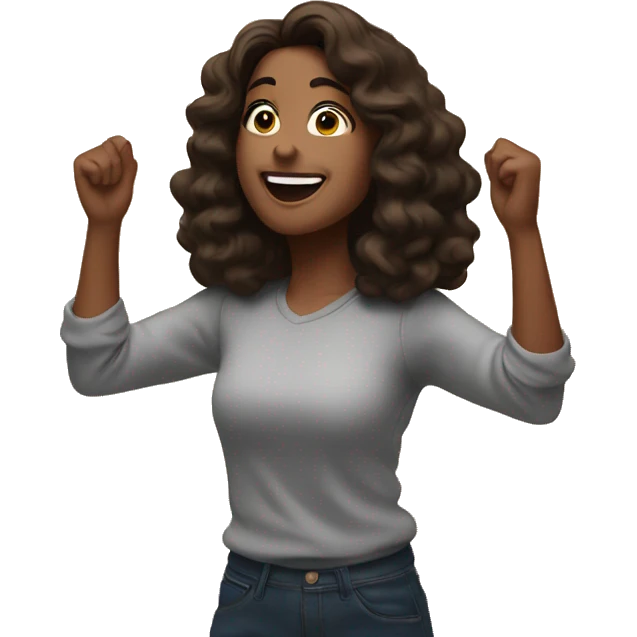 The brunette Rejoices with raised hands and fireworks emoji