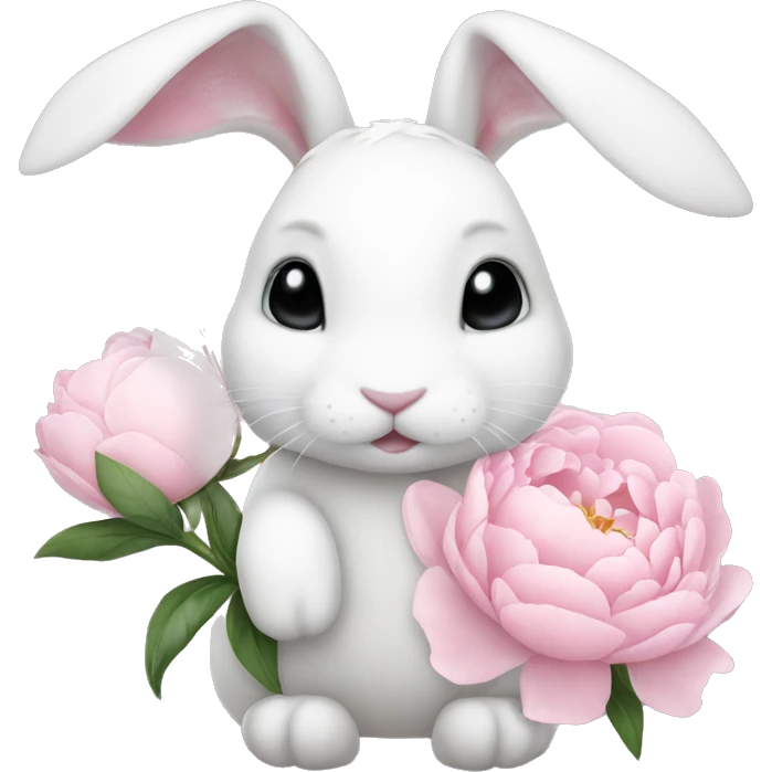 cute white bunny holding light pink peonies emoji