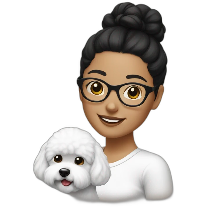 woman-black hair-bun-with glasses-with bichon dog-white-smile emoji