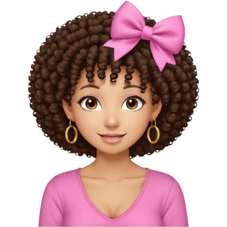 Naturally tan skin girl short darkBrown curly afropink shirt very long lashes hoop gold earrings Brown eyes gyaru smiling closed mouth cute bow hairclip small on the side. V neck pink shirt. Teenager emoji