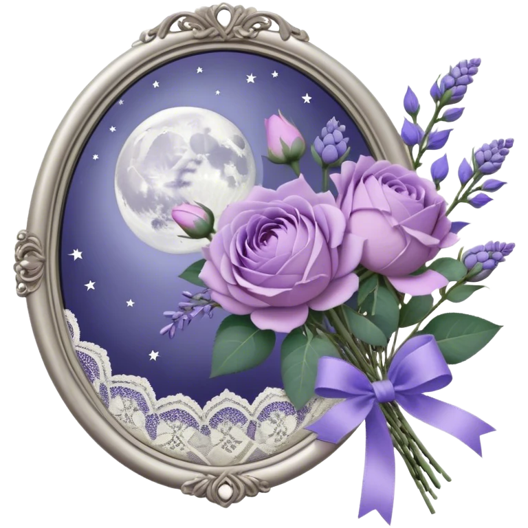 Under the soft light of a vintage brass lantern, a small bundle of lilac roses, indigo peonies, and delicate lavender sprigs is tied with a lace ribbon in a muted violet hue. Above, the sky is scattered with tiny silver stars, reflecting gently in the antique hand mirror with a moon-shaped handle beside the bouquet. emoji