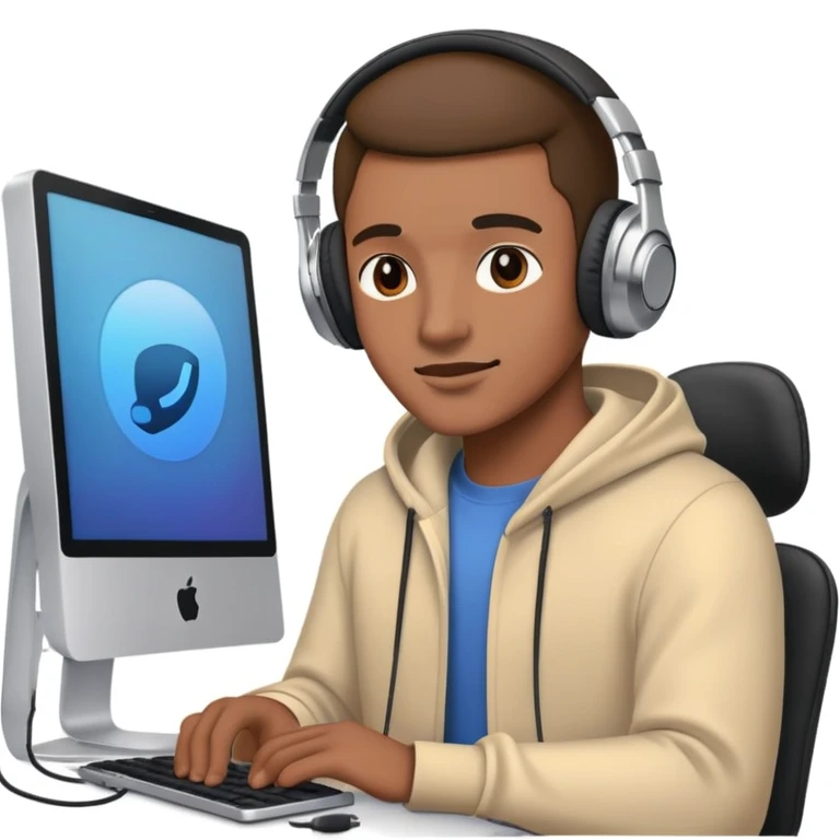 man with headphones in front of computer mac emoji