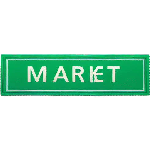 Street sign that says MARKET in blue with green bandana emoji