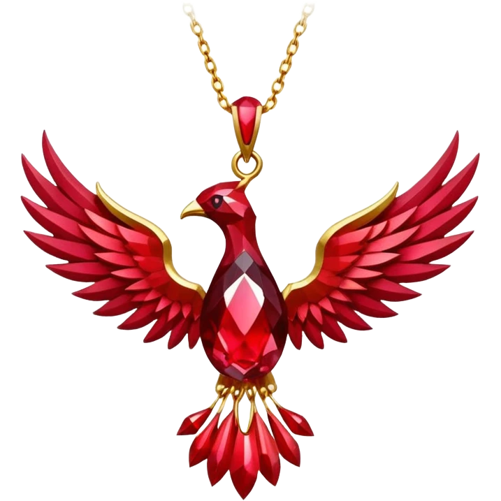 ruby pendant pulsing with cosmic light, like a phoenix’s spark emoji
