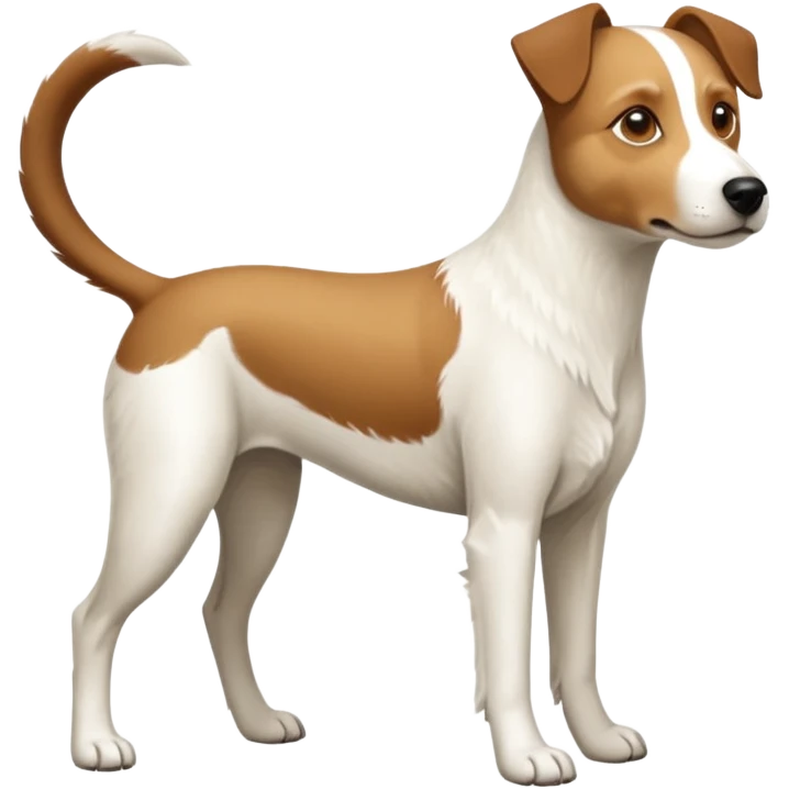 a full body large white parson russell looking dog the size of a kelpie with light brown flapped down ears and a light brown patch on one eye and a large snout emoji