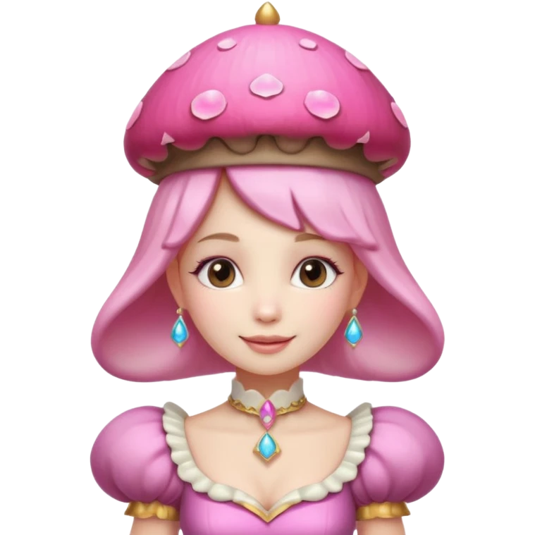 mushroom princess portrait, head and shoulders only, pink mushroom crown, elegant fantasy dress collar, warm smile, 3D cartoon, mobile game icon style, clean background, no text, no watermark
 
 emoji