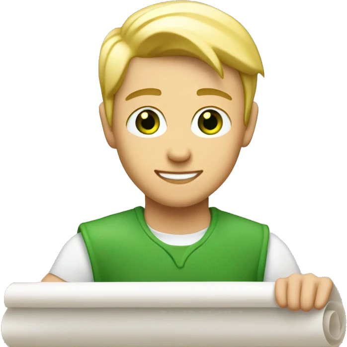 a light-skinned blonde green-eyed male person sitting in front of the long white paper scroll emoji