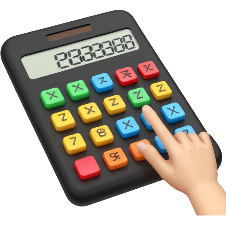 3D iPhone style emoji of a person using a calculator, finger pressing colorful buttons, digital display showing numbers, isolated on white background, soft shadows, high detail, playful and cute. emoji