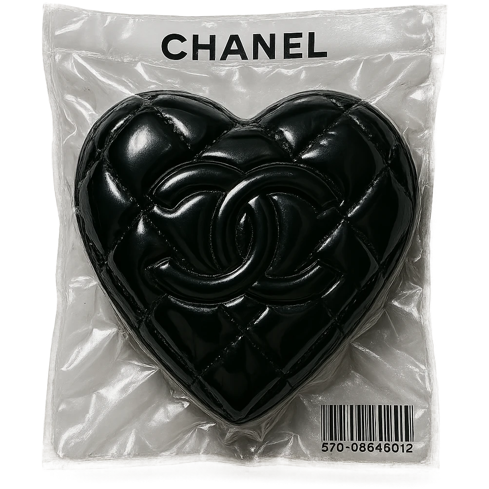 Chanel heart, glossy, black and white, with a quilted pattern, vacuum sealed style emoji